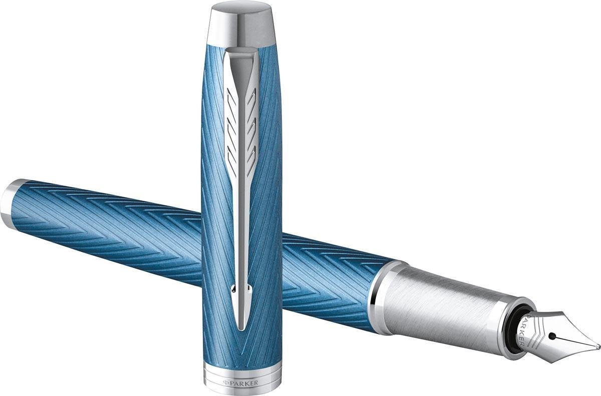 Parker im premium fyldepen | blå-grå med krom detalje | fin spids med blå blæk refill | gaveæske