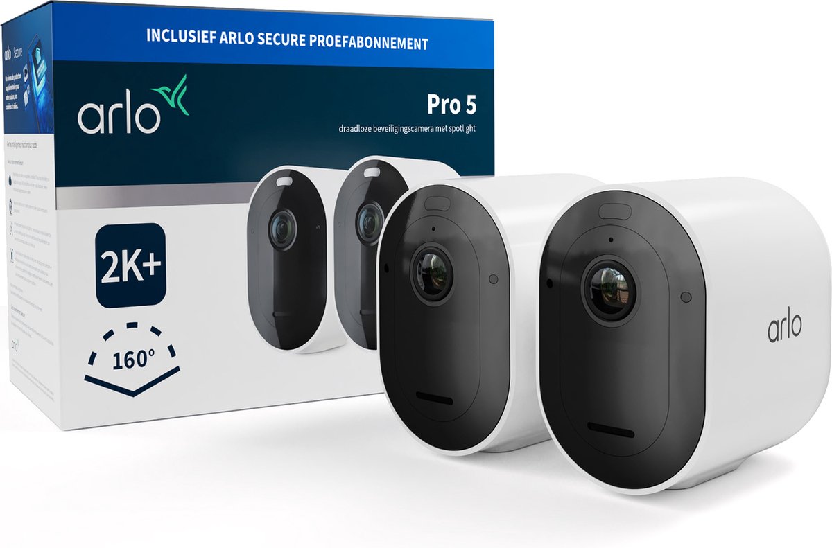 Arlo pro 5 2k+ trådløst udendørs sikkerhedskamera - 2 IP-kameraer, hvid