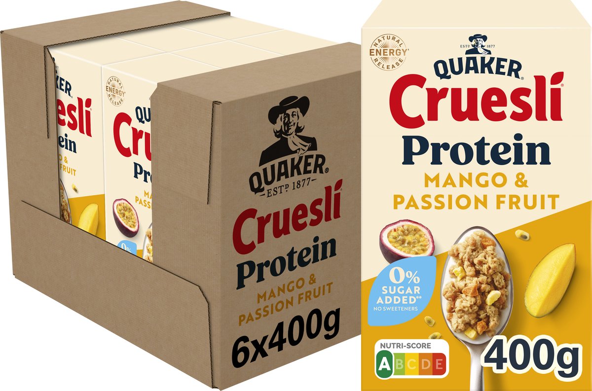 Quaker cruesli protein nul sukker tilsat mango passionsfrugt 6 x 400 gr