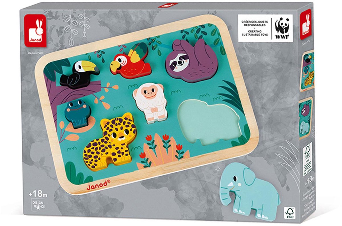 Janod wwf - chunky puslespil jungle - i samarbejde med wwf® - de 7 store, dyreformede brikker opmuntrer dit barn til at finde på sjove historier - egnet fra 18 måneder