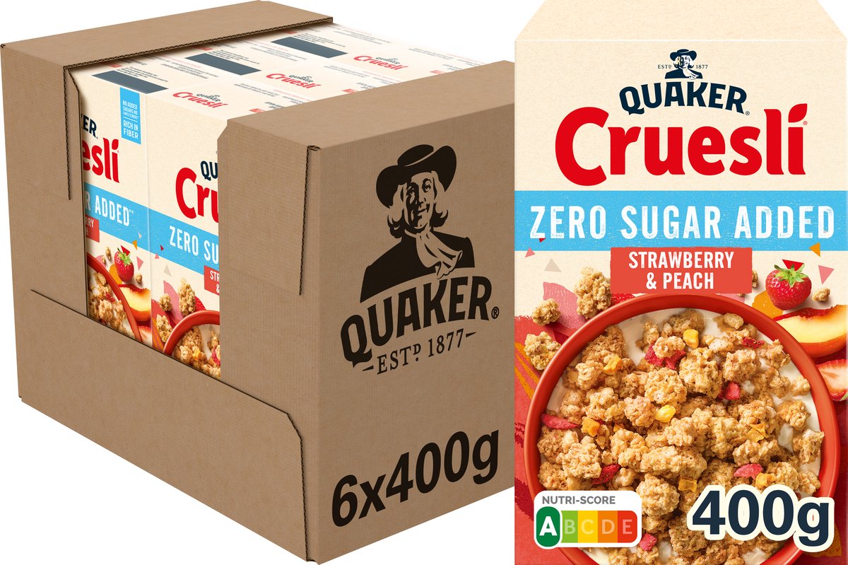Quaker cruesli nul sukker tilsat jordbærfersken - morgenmadsprodukter - 6 x 400 gram