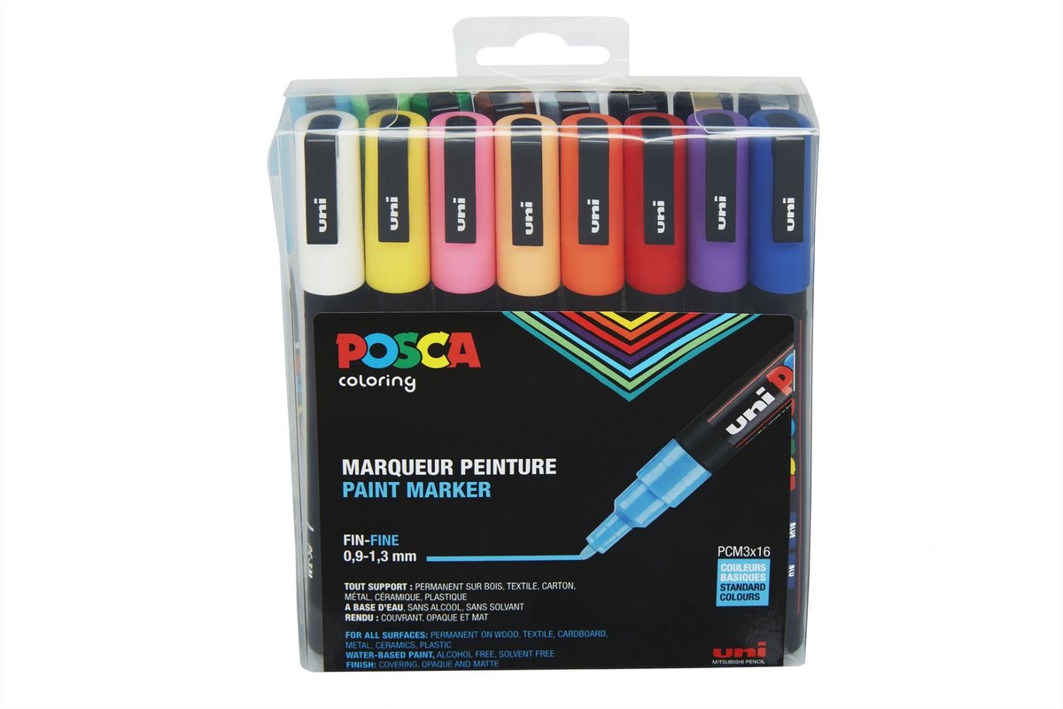 Posca uni markører standardfarver - 16 markører - pc3m 0,9-1,3 mm linje