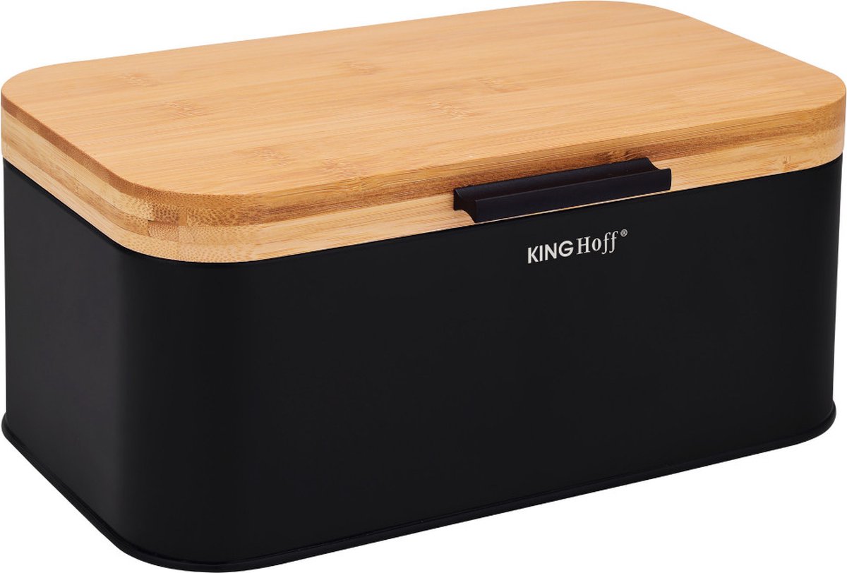Kinghoff - brødbeholder - kompakt brødkasse med bambuslåg - stålbrødkasse - brødopbevaringskasse køkken - moderne brødbeholder - 30 x 20 cm - sort