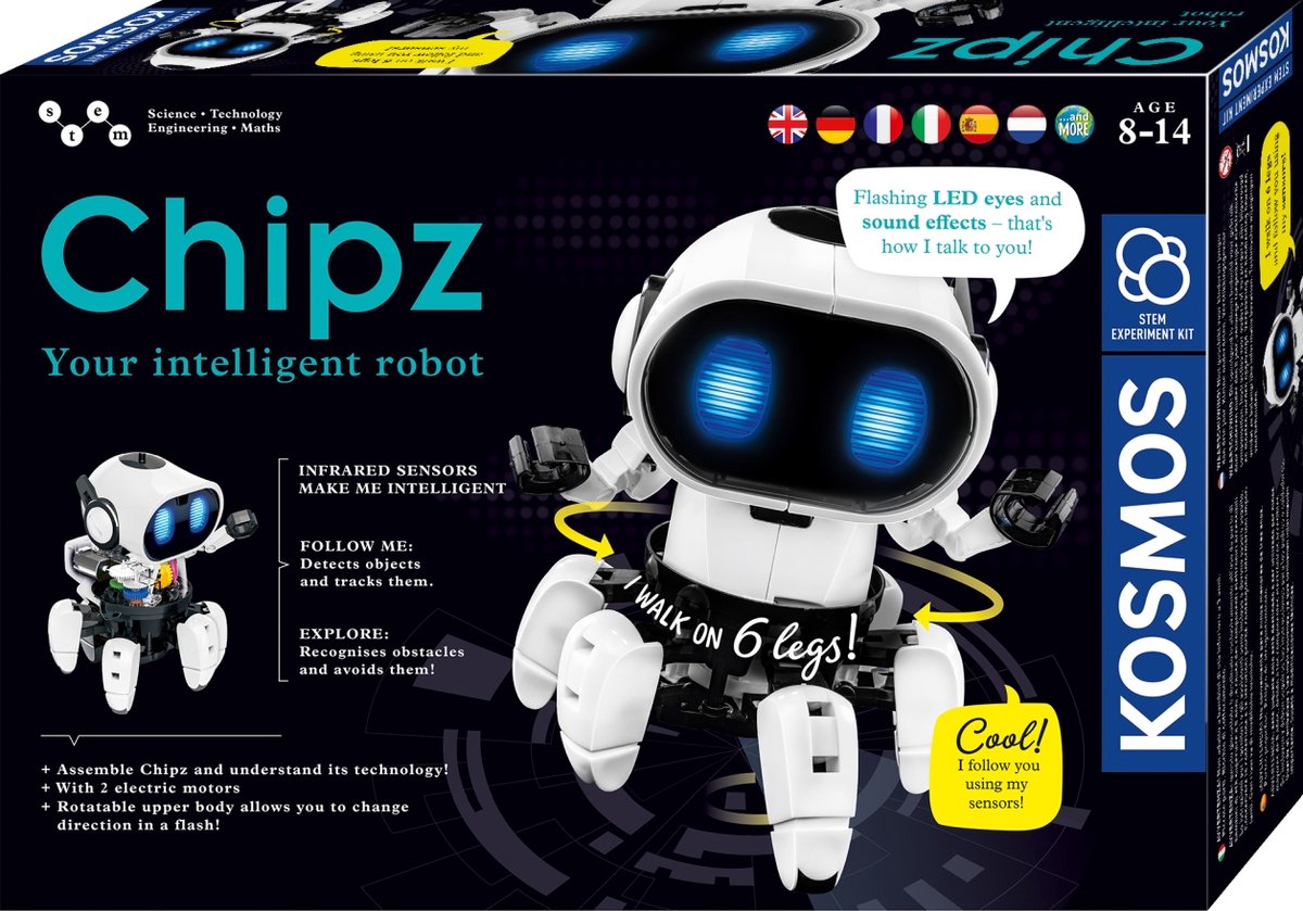 Kosmos chipz – eksperimentsæt – byg din egen smarte robot med sensorer og spiltilstande – 100 dele – smart robot