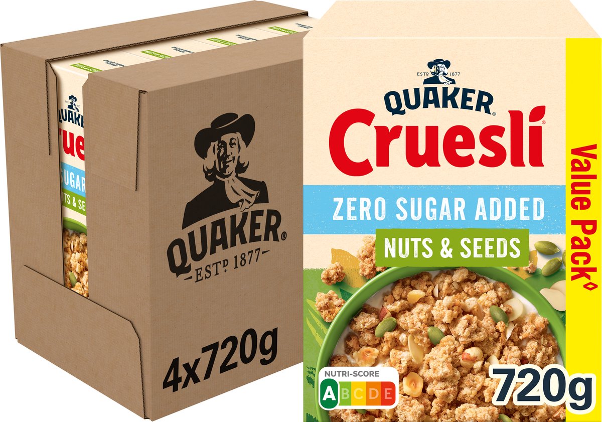 Quaker cruesli nul sukker tilsat nøddefrø - morgenmadsprodukter - 4 x 720 gram