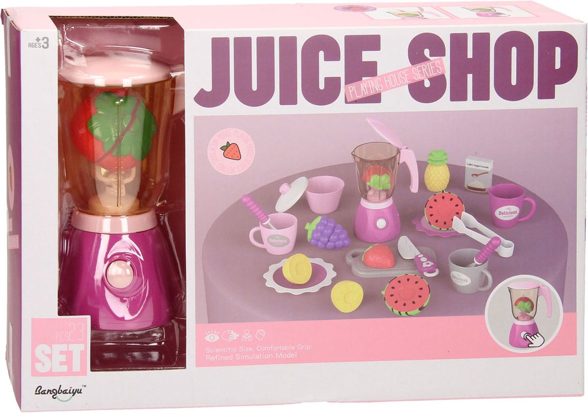Juicebutik legetøjslegesæt med blender - farverigt børnekøkken.