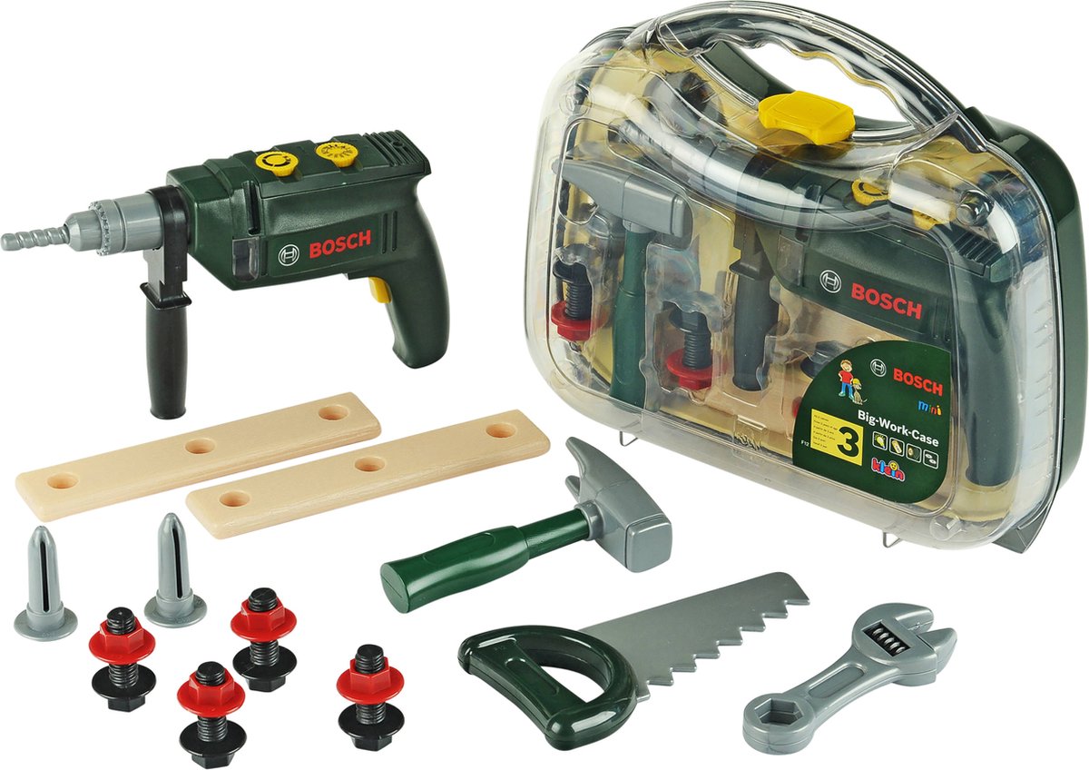 Klein toys bosch mini 16-delt legetøjsværktøjskasse - boremaskine, hammer, sav, gaffelnøgle og værktøjstilbehør - inkl. lys og lydeffekter - grøn