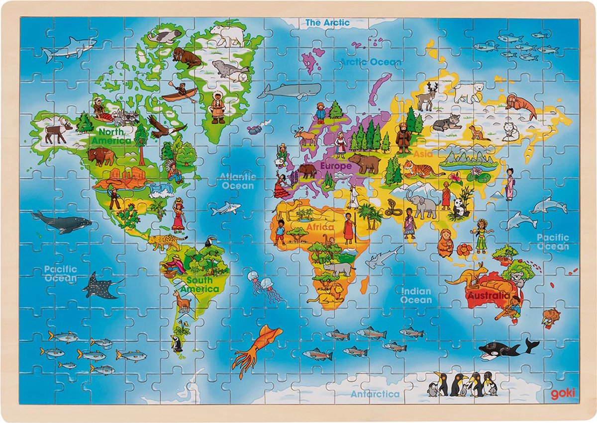 Goki puslespil - verden - 192 brikker - 46,5x33x1cm - træ - 4+