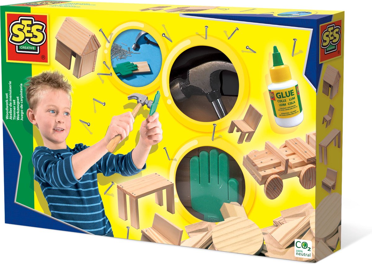 Ses creative – tømrersæt – Montessori-legetøj – træ, hammer, søm og lim – med sikkerhedshånd – fra 5 år