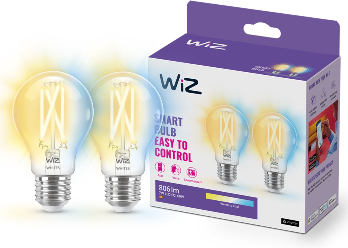 Wiz glødelampe 2-pak - varmt til køligt hvidt lys - smart LED-belysning - E27 fitting - 60w - gennemsigtig - wi-fi