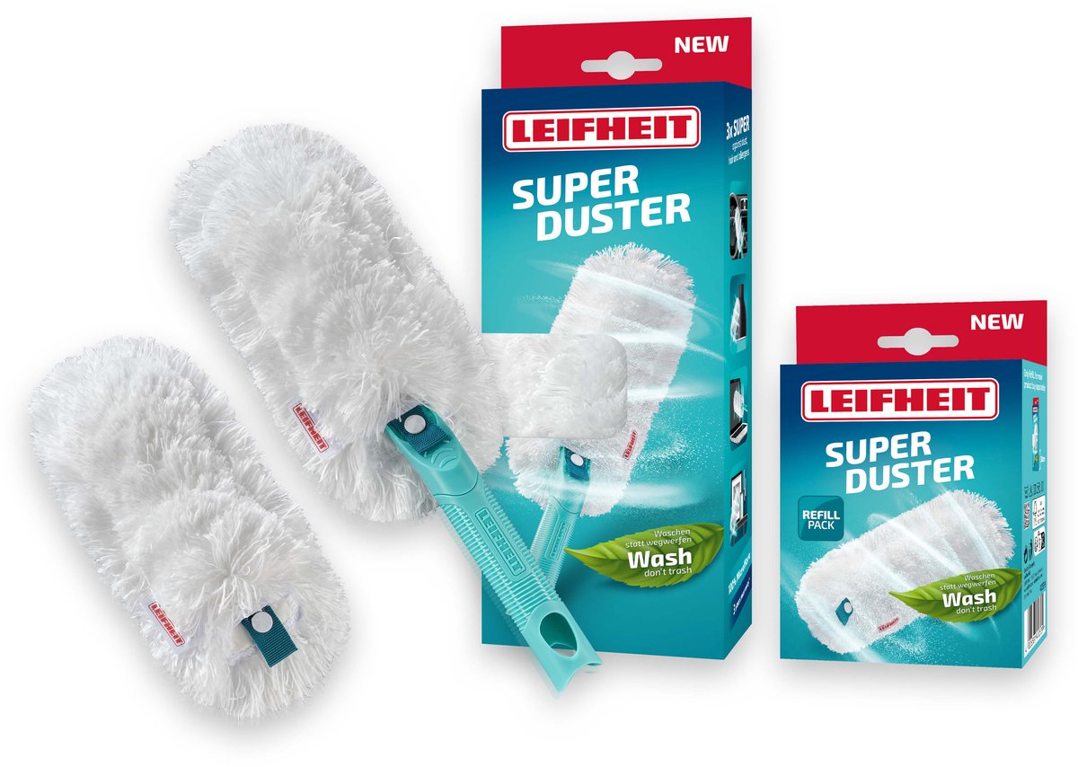 Leifheit superduster m fjerduster sæt - klik system håndtag - inkl. 2 vaskbare betræk - mikrofiber