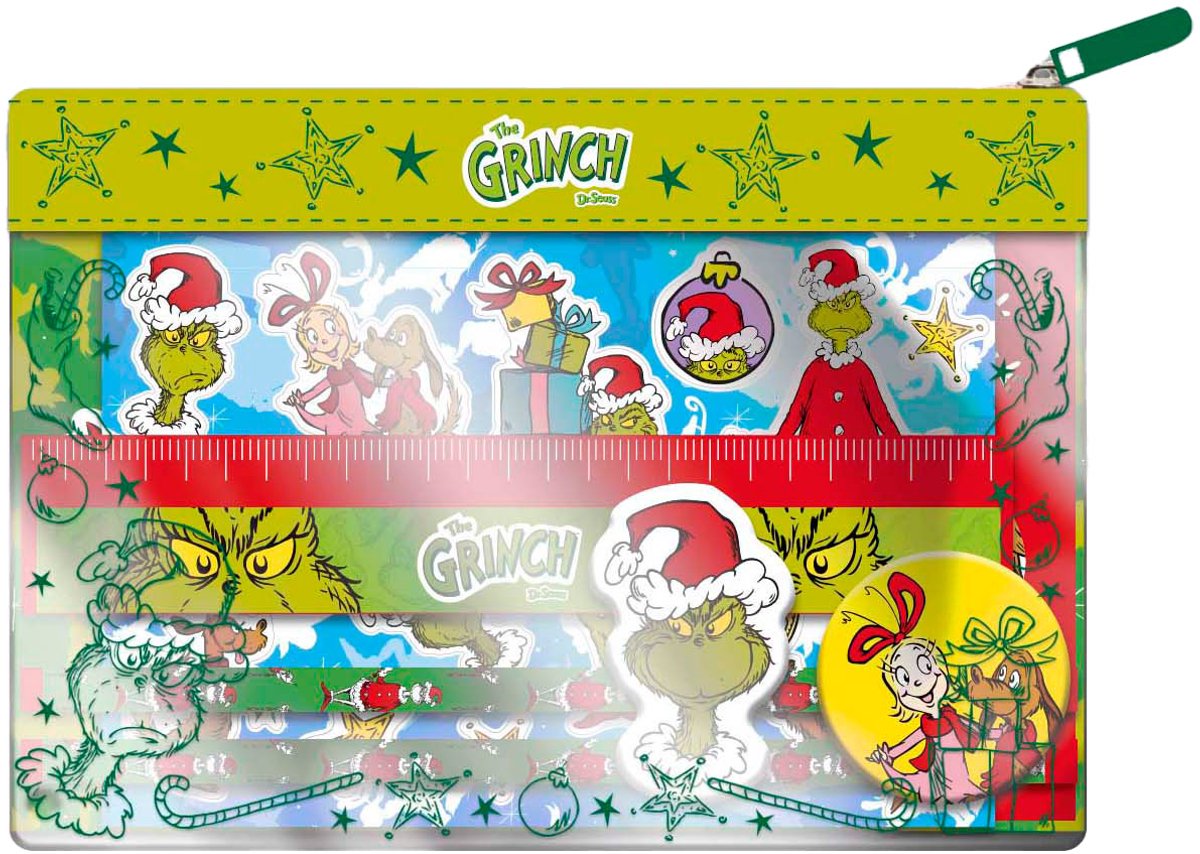 Totum the grinch 10-delt penalhus med indhold 14 x 20 cm - papirvarer klistermærker skoleartikler legetøj drenge og piger gave