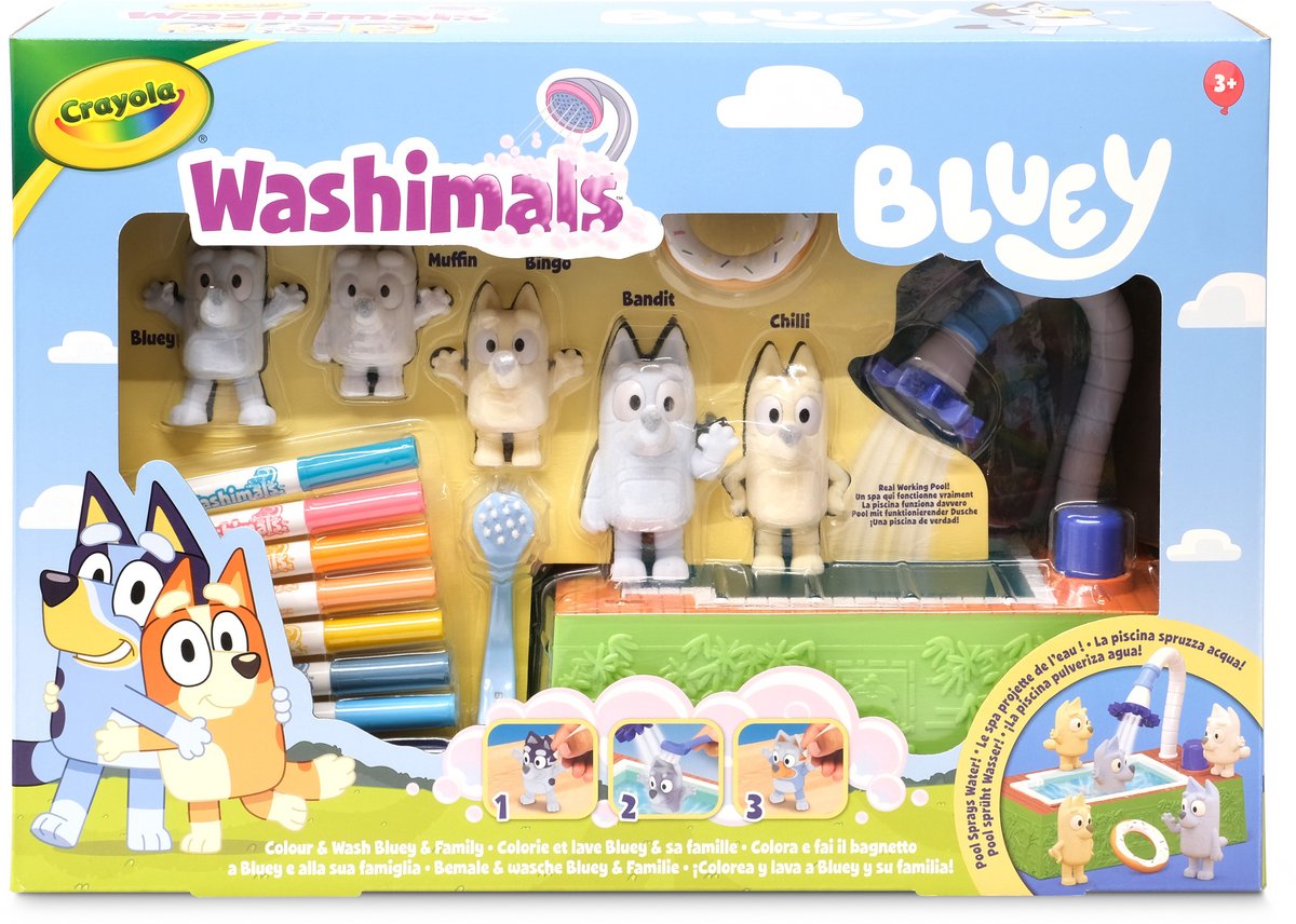 Crayola washimals - bluey - hobbypakke - håndværkssæt med swimmingpool og 5 hvalpe - legetøj og gave til børn fra 3 år