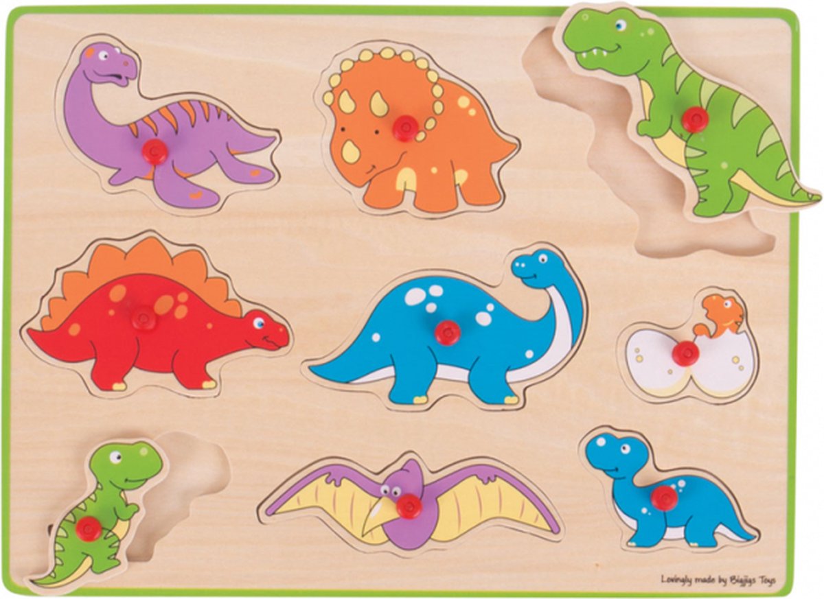 Bigjigs træstudspuslespil dinosaurer, 9 stykker.