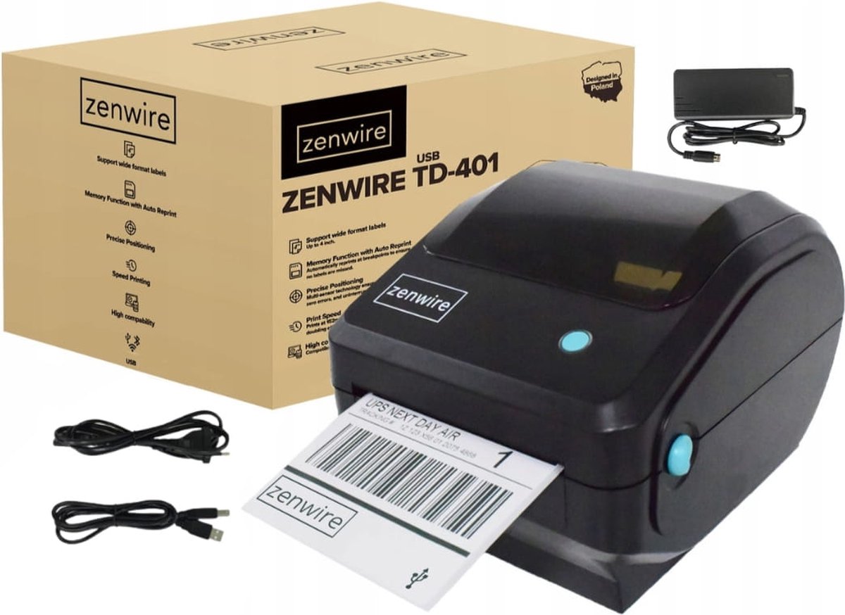 Zenwire td-401 labelprinter a6 - verzendetiketten printer en labelmaker - snelheid 152 mm s - 108 mm breed - usb aansluiting - dhl postnl - direct thermisch