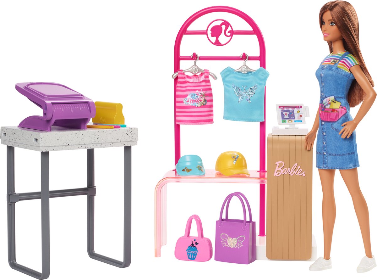 Barbie butik - laver og sælger butik, legesæt med udstillingsstativ og folie - dukke