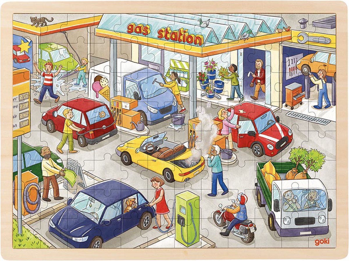 Goki puslespil: tankstation 40x30x0,8cm, 96-dele, træ, 3+