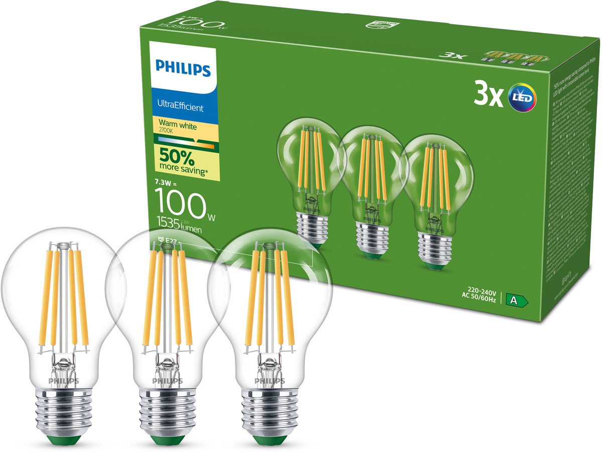 Philips filament bulb helder 100w a60 e27 x3