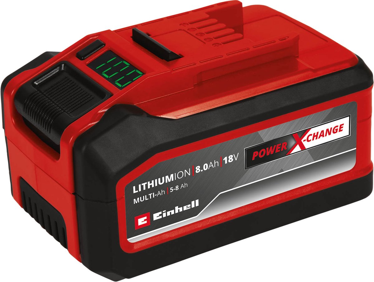 Einhell 5,0-8,0 Ah plus batteri - power x-change - 18 V li-ion - max. effekt: 1350 W - aktivt batteristyringssystem - plus teknologi - multi-Ah teknologi: 8,0 Ah til max. driftstid eller 5,0 Ah for max. driftslevetid