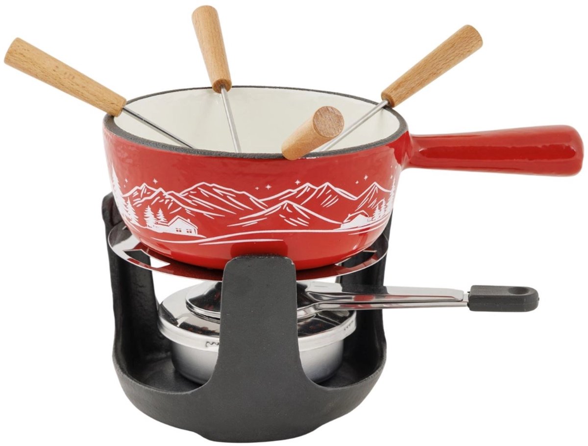 Hyggeligt trendy aspe fondue sæt støbejern ø14 cm - rød - inkl. brænder 4 gafler - 4 personer