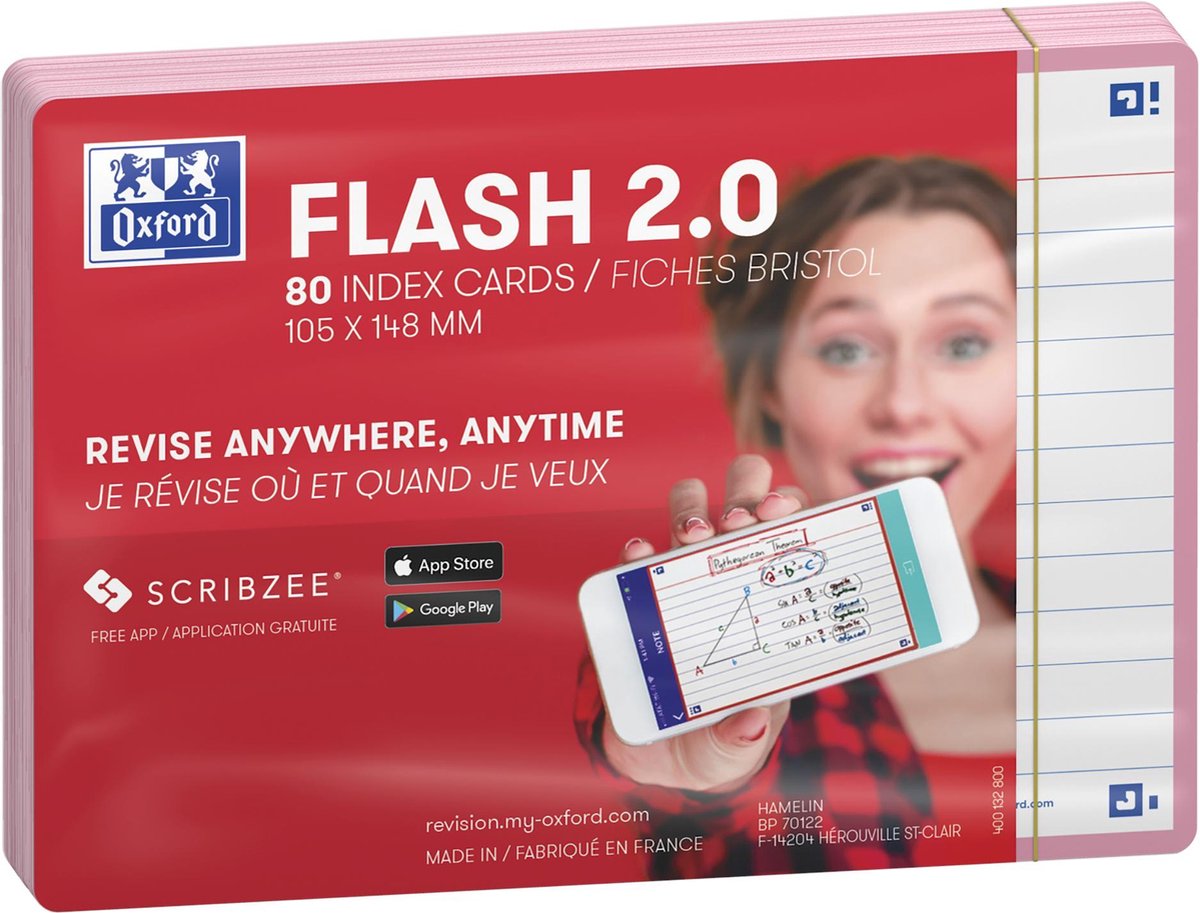 Oxford flash 2.0 - flashcards - lined - a6 - pink kant - 80 stk.