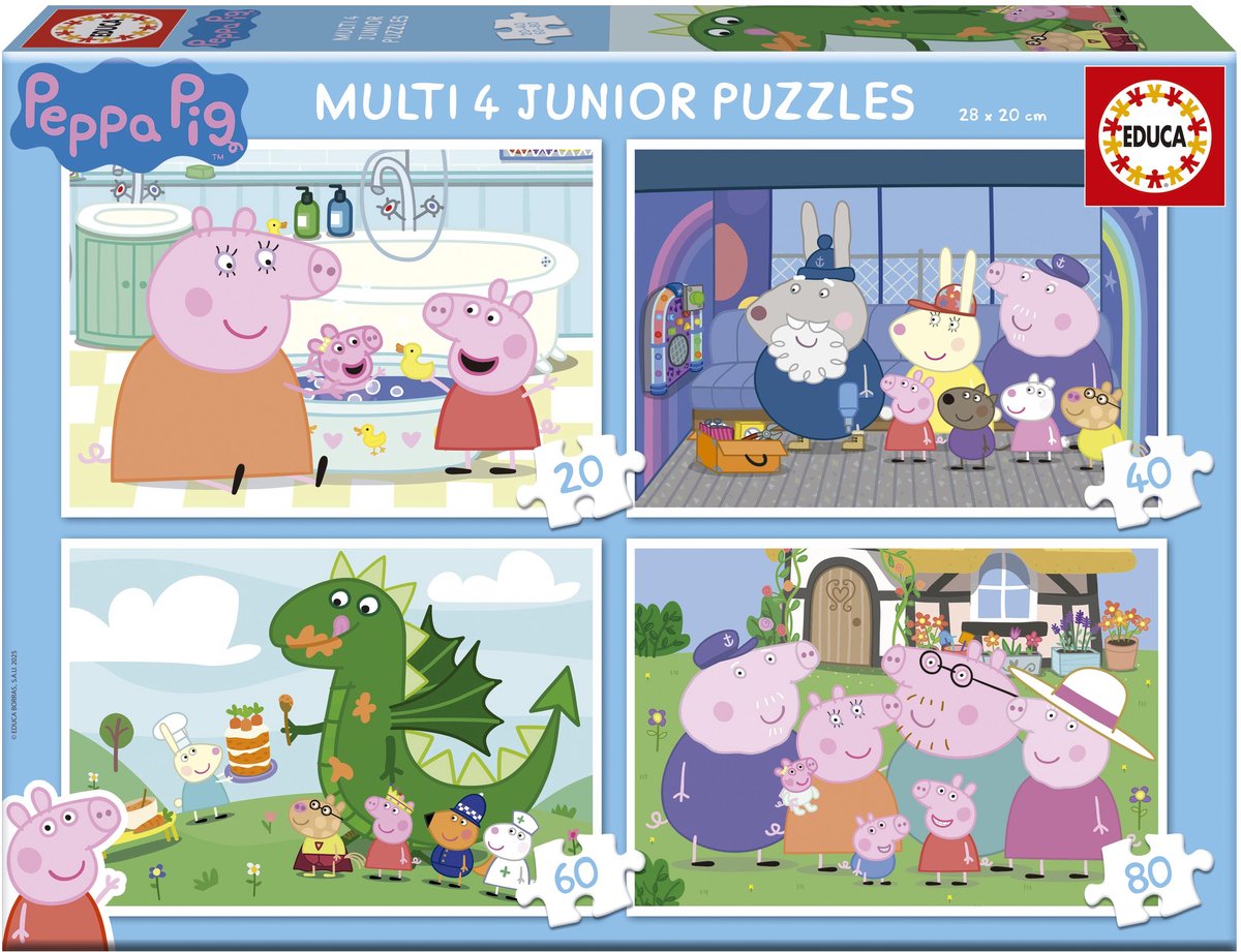 Educa peppa pig puslespilsæt - 4 puslespil til børn - 20 til 80 brikker.