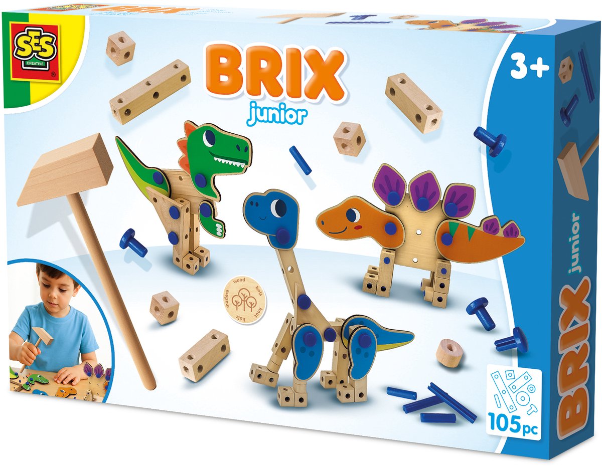 Ses creative - brix junior - dinos - dino byggesæt - træhåndværkssæt - trælegetøj - montessori legetøj - forskellige træformer med forbindelsesstifter - lavet i Holland - fra 3 år