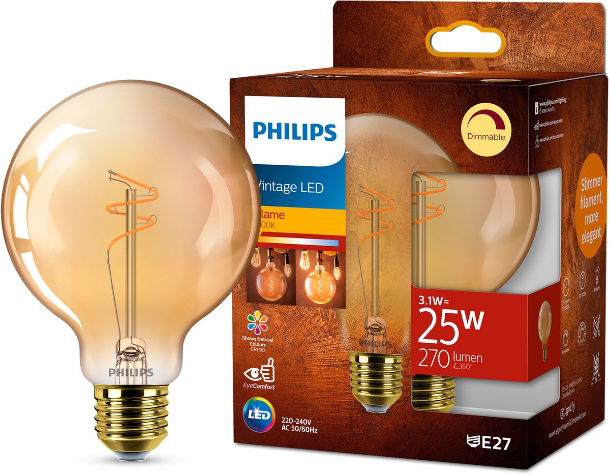 Philips led globe spiraal goud - 25 w - e27 - dimbaar extra warmwit licht