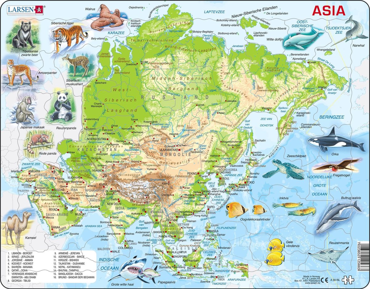 Larsen asien geografisk med dyr – puslespil – kort geografi – asien – pædagogisk puslespil for børn – 63 brikker – lavet i norge – ekstra tykke 2,5 mm brikker – bakke med fast kant