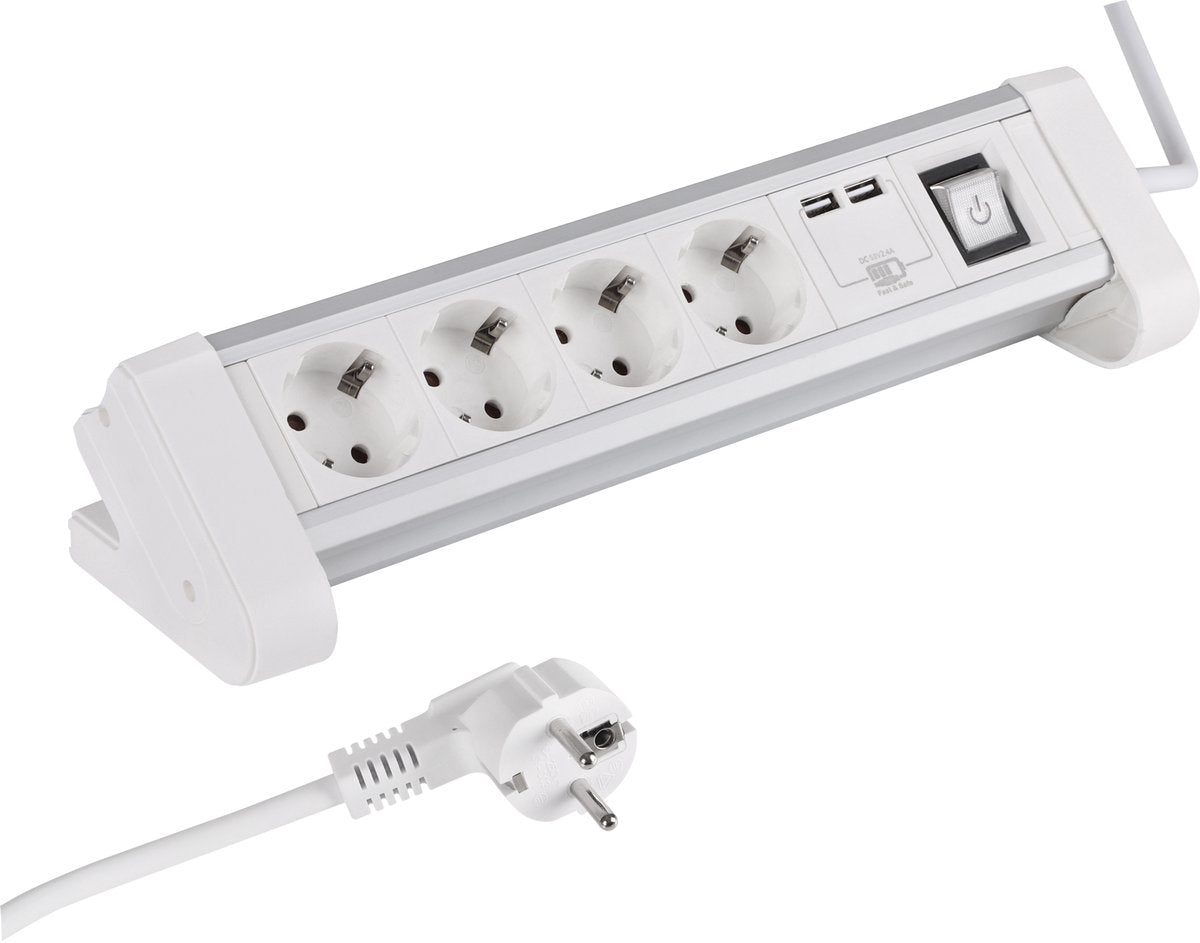 Q-link strømskinne - 4-vejs - jordet - til skrivebord - 2 x USB - 3 x 1,5 mm - 1,5 m - aluminium