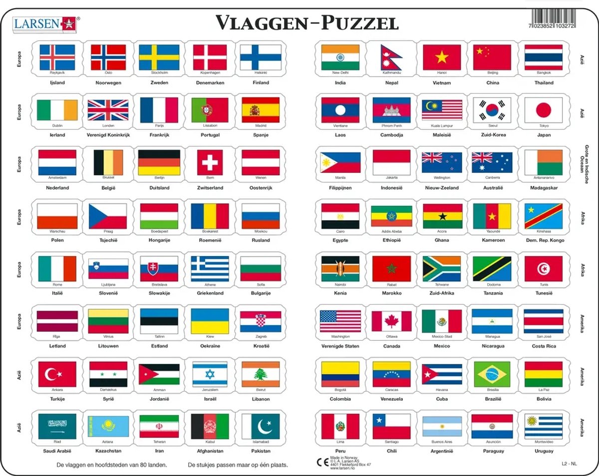 Larsen verdensflag – puslespil – geografikort – flag – pædagogisk puslespil til børn – 80 brikker – lavet i Norge – ekstra tykke 2,5 mm brikker – fast kantbakke