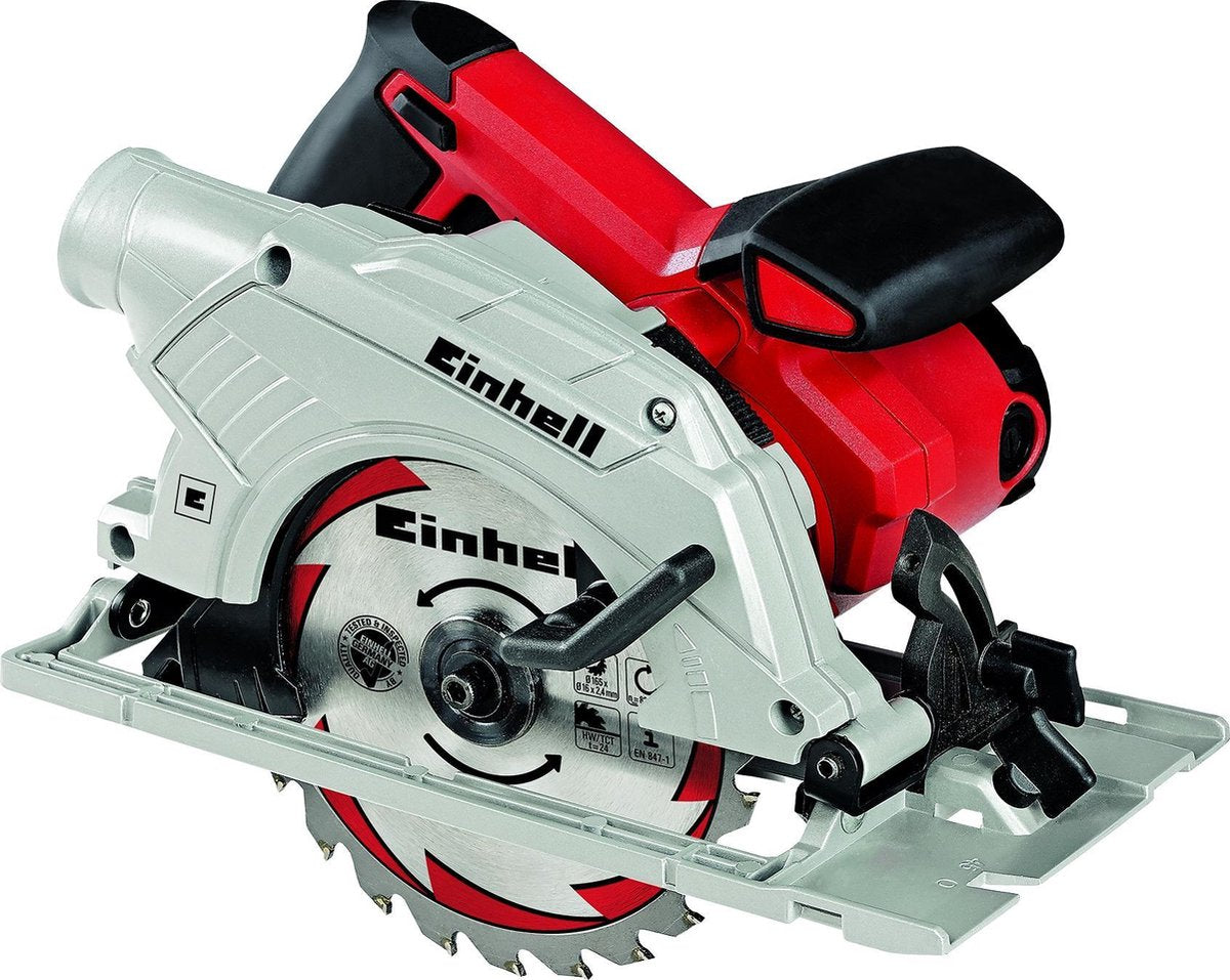 Einhell rundsav te-cs 165 - 1200 w - 5.500 t min - ø165 - max. skæredybde ved 90° 45°: 55 40 mm - inkl. 1x savklinge (ø165x16x2,4 mm 24 t)