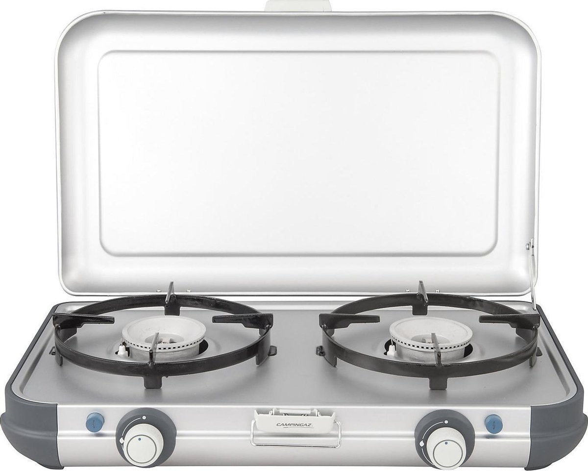 Campingaz campingkøkken 2 cv pz campingkomfur - 2 brænder campinggaskomfur - 2x 2000 watt - piezotænding - fungerer på cv470+ gaspatron - letvægts campingkomfur 2 brænder - til 2 pander á 24 cm - sølvgrå