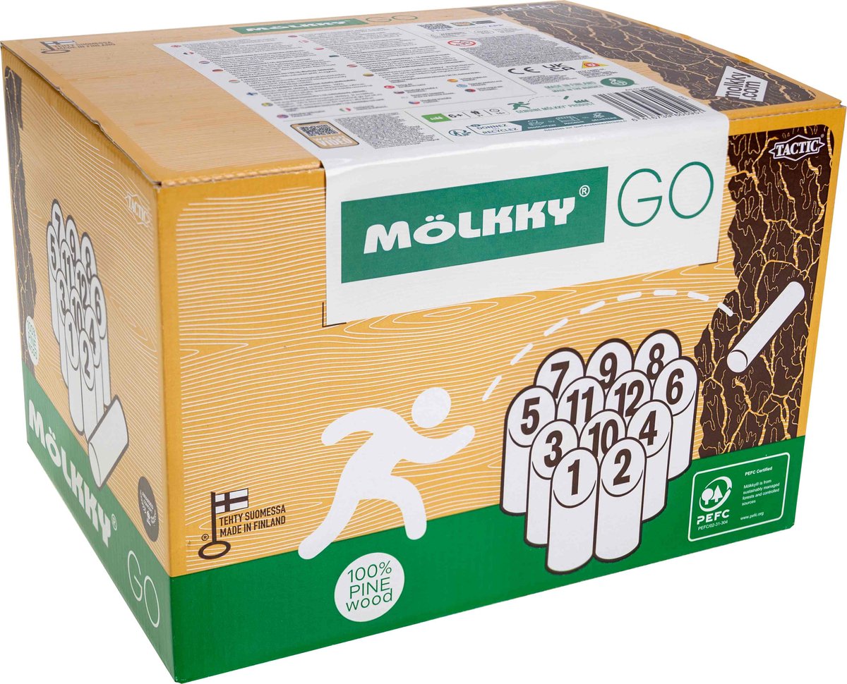 Tactic mölkky go - fangst- og kastespil - originalt finsk trækastspil i praktisk bærbar kasse - bæredygtigt fyrretræ - med gratis scoringsapp
