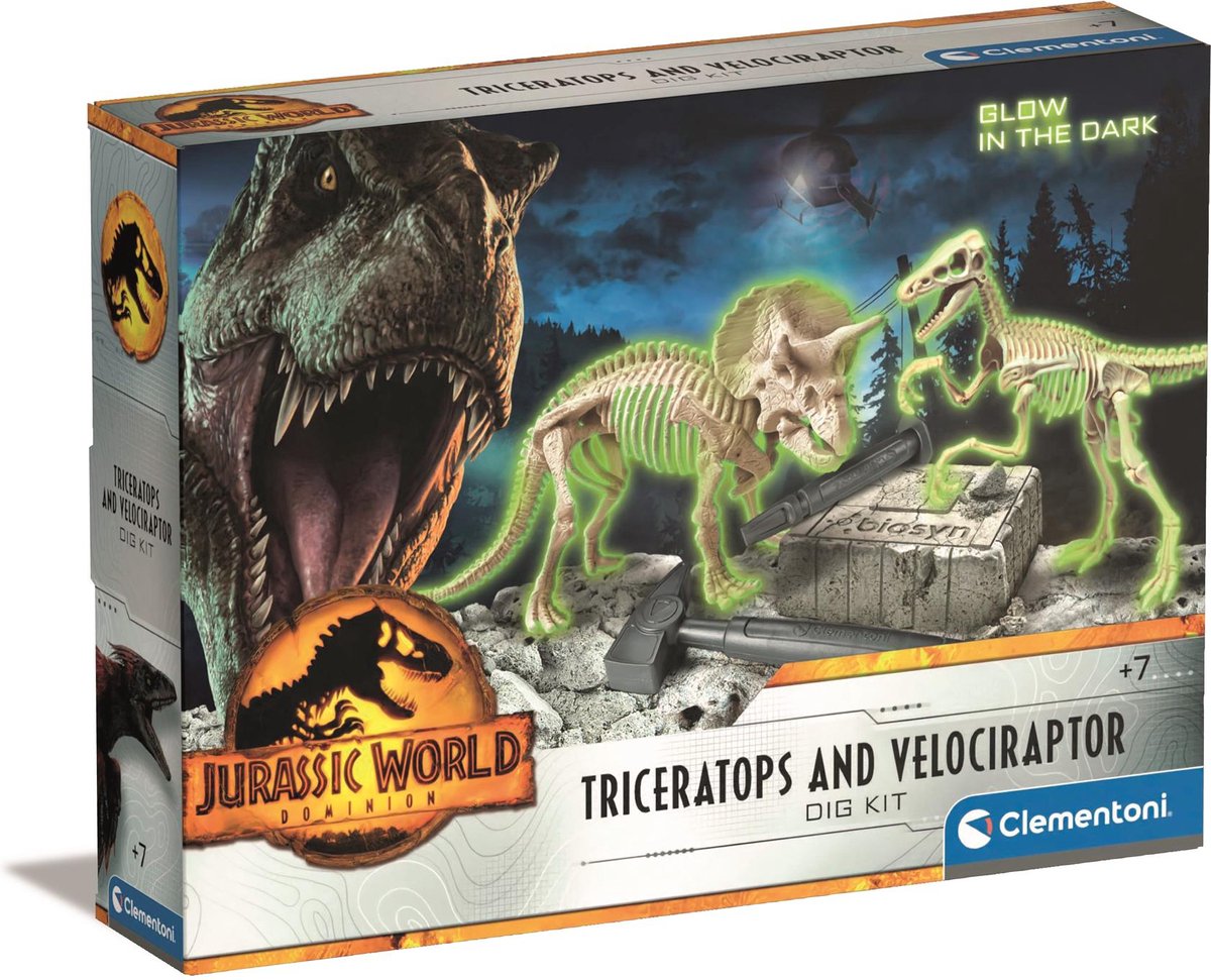 Clementoni videnskabsspil, Jurassic World - 3, dinosaursæt, triceratops og velociraptor, 6+ år, 19289