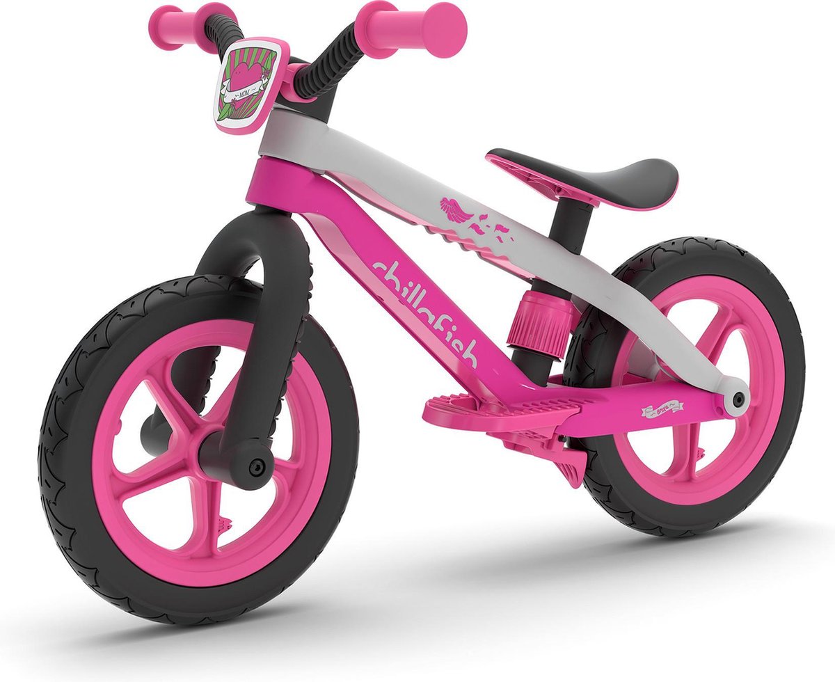 Chillafish balancecykel 2 år med fodstøtte og fodbremse - pink - letvægts balancecykel til piger op til 5 år med justerbar sadel og 12 gummiskinddæk for ekstra greb indvendigt og udvendigt - model bmxie 2