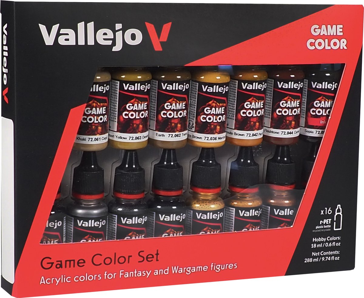 Vallejo hobbymaling akrylmaling - 72189 læder- og metalfarver til fantasy og krigsspil - spilfarve - akrylsæt - 16x malingssæt - 16x 18 ml