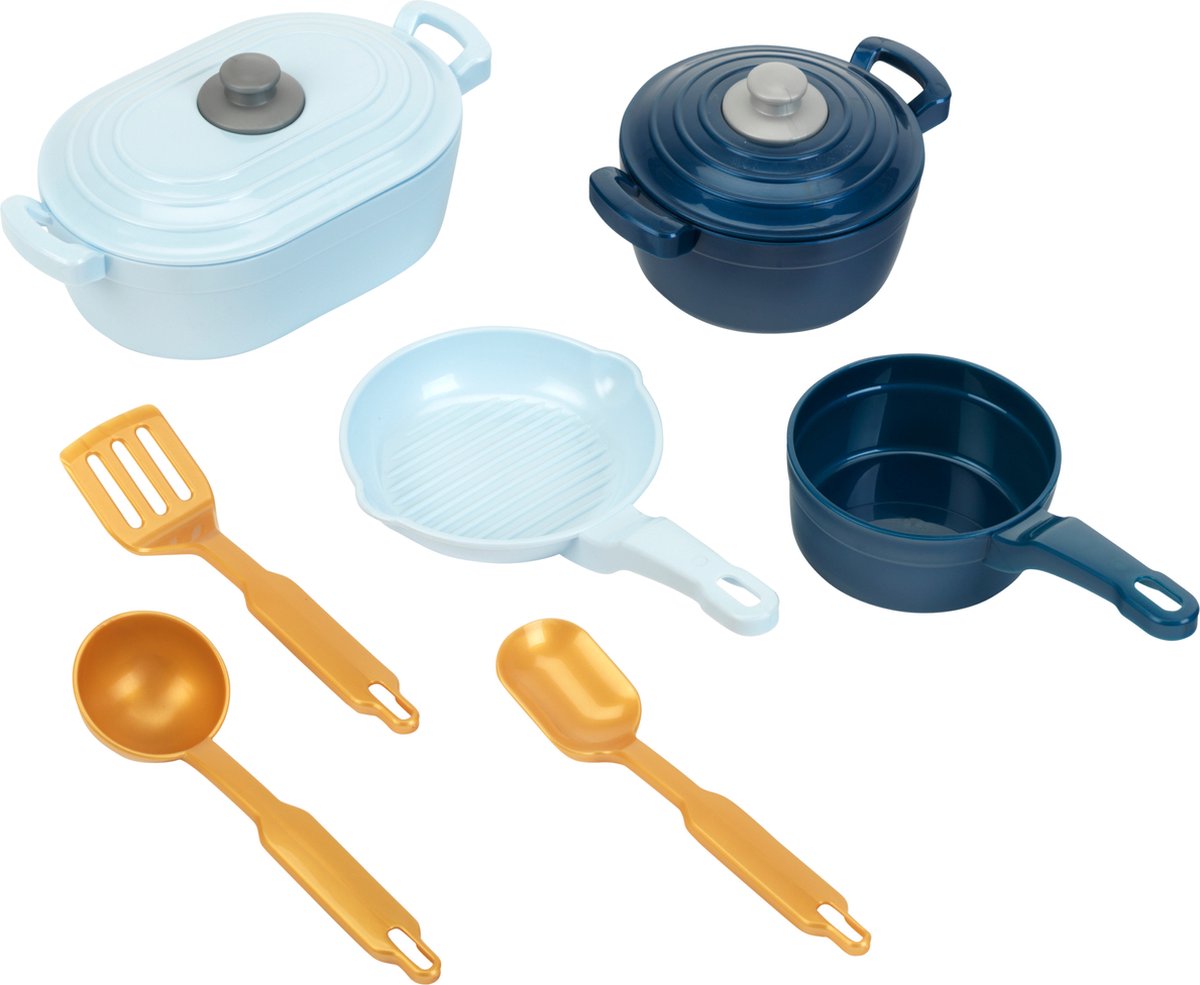 Klein legetøj kogegrej - slev, spatel, kogeske, grillpande, gryde, gryde, stegepande med låg - flerfarvet