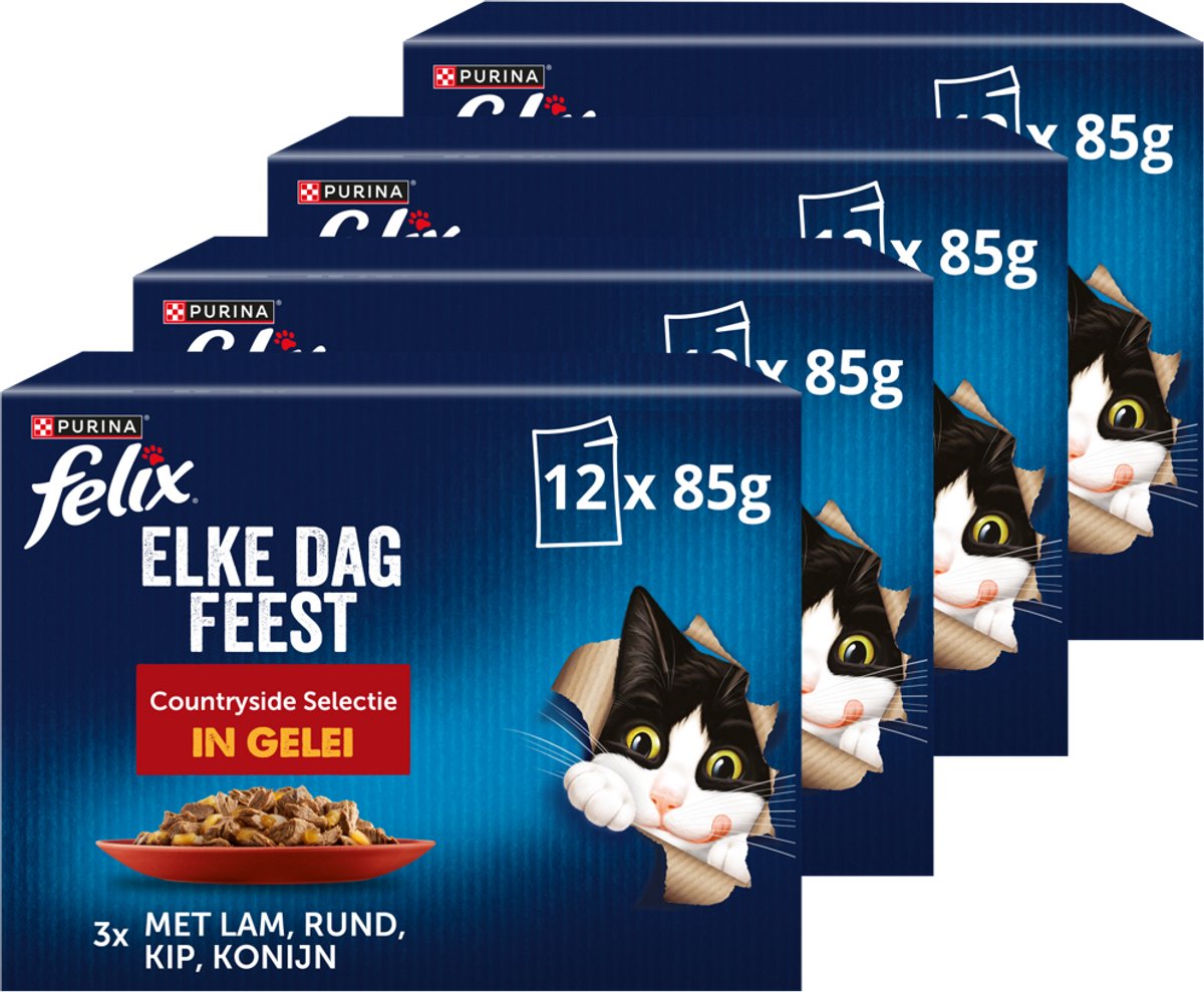 Felix hverdagsfest i gelé udvalg - kattefoder vådfoder - lam kylling okse kanin - 48 x 85 g