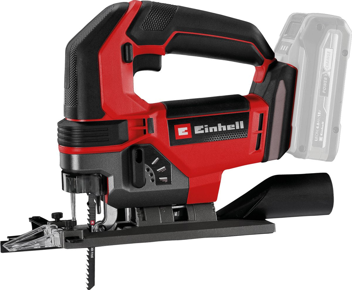 Einhell akku stiksav te-js 18 100 li solo - power x-change - 18 v li-ion - slaghøjde: 26 mm - geringssnit: max. 45° - LED-belysning - blæsefunktion - ekskl. batteri og oplader