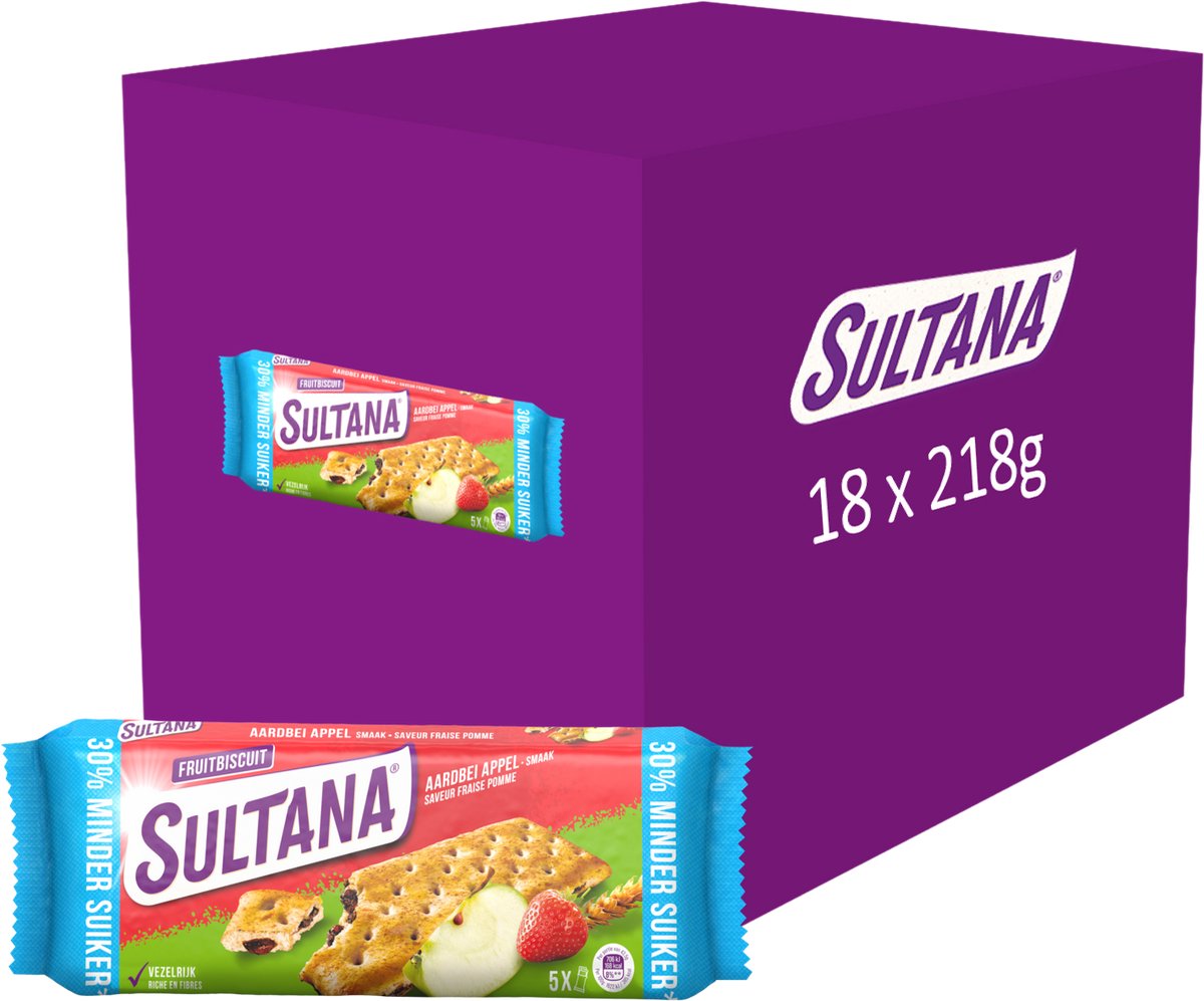 Sultana - snack - jordbær æblefrugtkiks - 30% mindre sukker - 18 x 218 gram