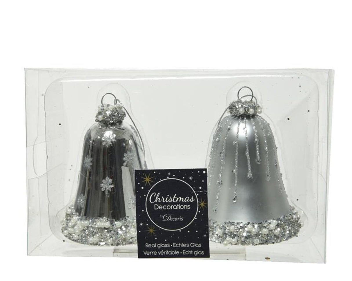 Decoris glas julepynt i form af dekorerede klokker, diameter 6,5 cm x 8 cm sølv
