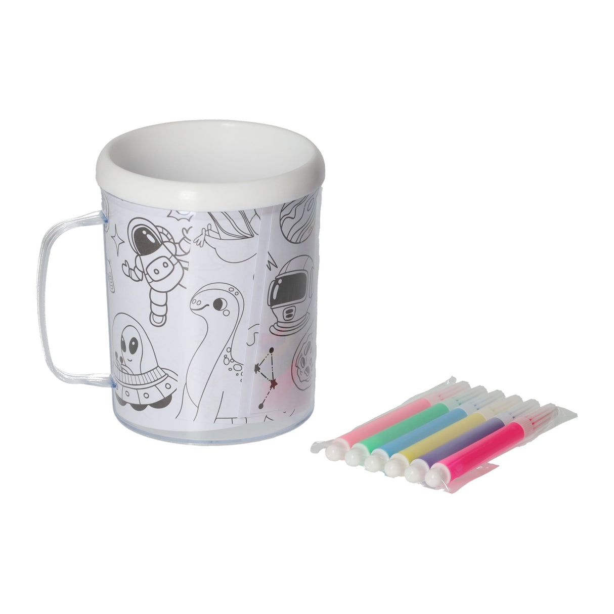 Kleur je eigen beker dino's robots ruimtevaartplaatjes - incl 6 stiften