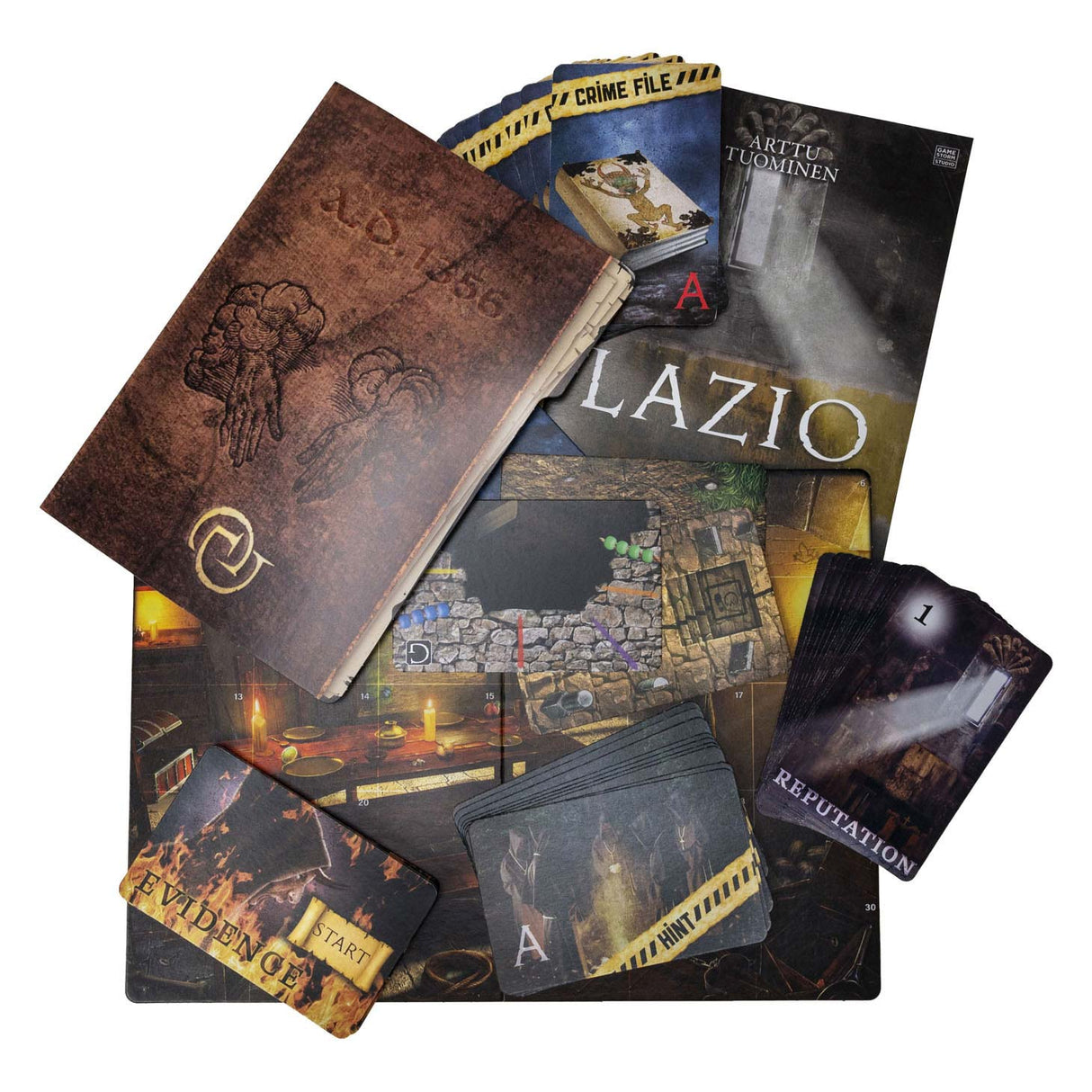 Taktisk gerningssted lazio 1356 – brætspil – krimispil – historisk mysterium i et kloster – dybdegående undersøgelse og deduktion – gerningsstedserie – spilstormstudie -1 eller flere spillere – fra 18 år