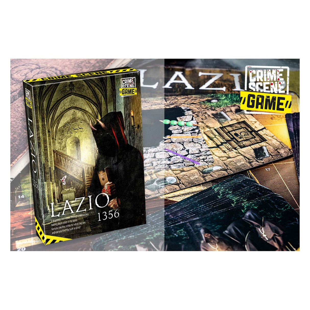 Taktisk gerningssted lazio 1356 – brætspil – krimispil – historisk mysterium i et kloster – dybdegående undersøgelse og deduktion – gerningsstedserie – spilstormstudie -1 eller flere spillere – fra 18 år