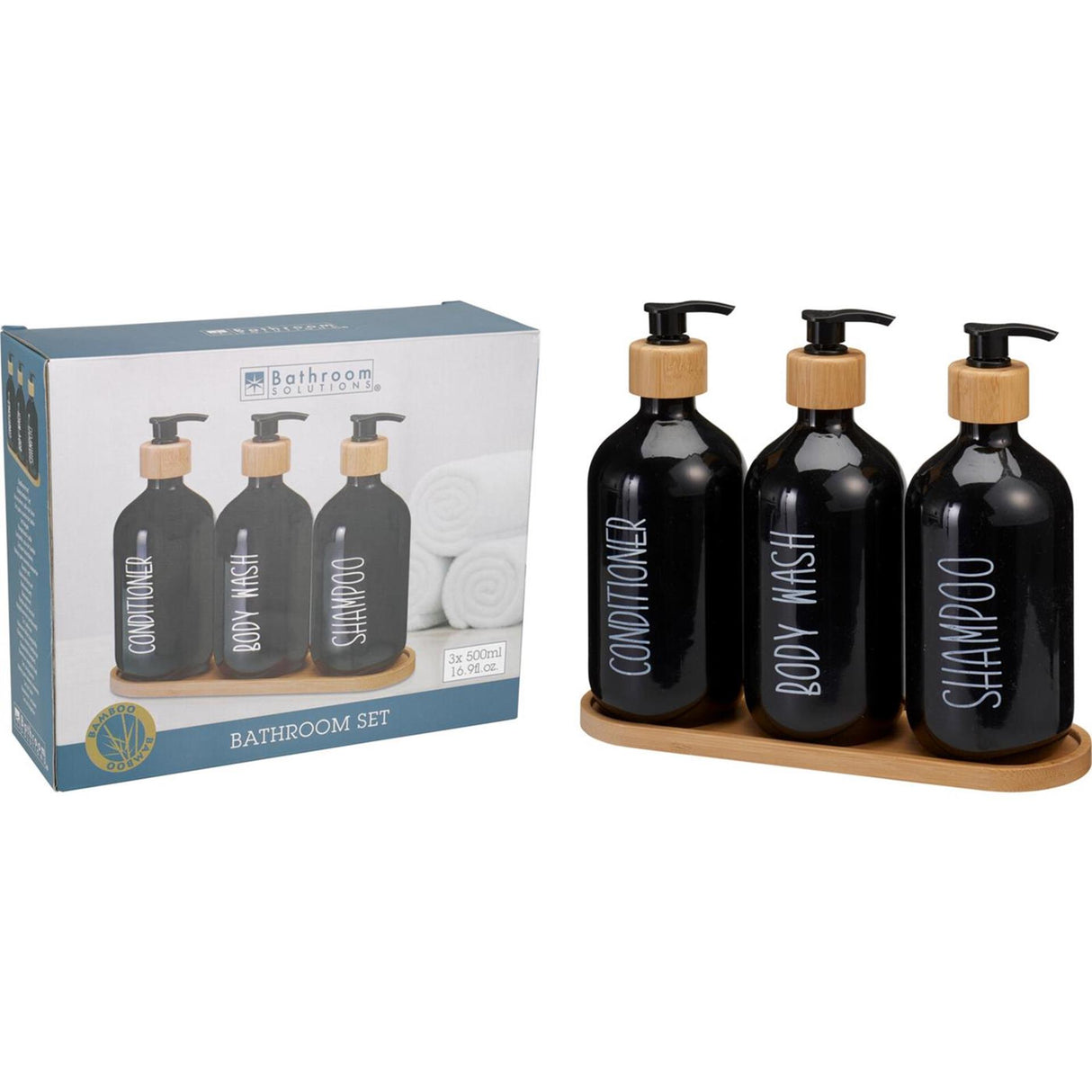 Bathroom solutions badkamer set van 3 kunststof flessen 500ml op plateau