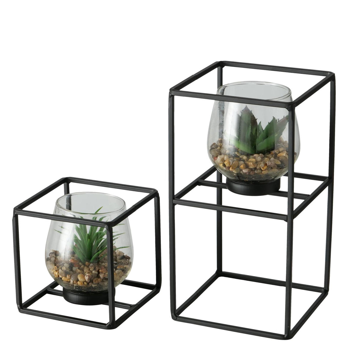 Boltze home kunstig plante i glaspotte og sort metalstativ sabia 2-delt sæt 11x11 13x24cm