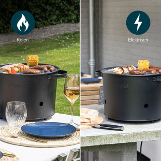Princess 112240 hybrid bucket grill | elektrisk | trækul (sort, ø 32 cm | inkl. luksus bambus servering og skærebræt)