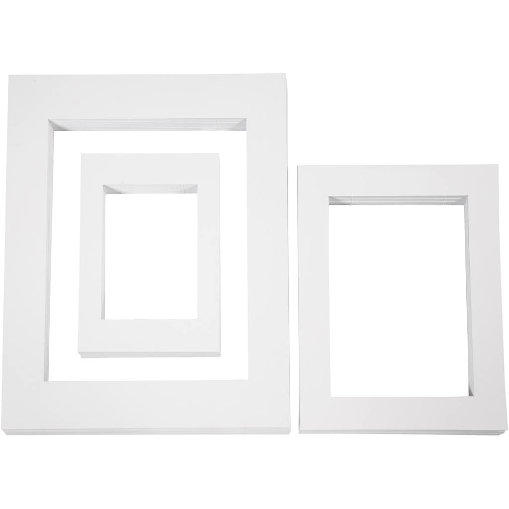 Passepartout rammer, a3, a4, a5, størrelse 19,7x27,9+28,3x36,6+39,5x49,6 cm, 500 g, hvid, 3x100 stk 1 æske