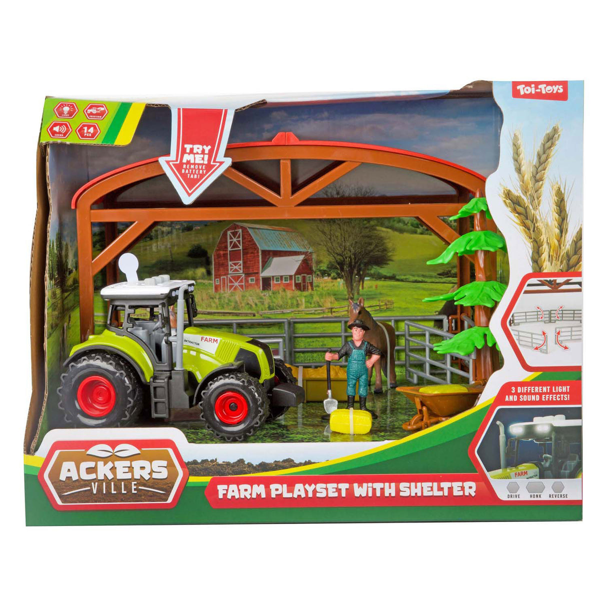 Toi-toys ackers ville hestestald med traktorlys og lydlegesæt, 14 stk.